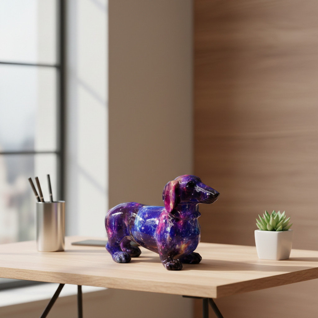 Colorful galaxy-themed dachshund dog figurine on a wooden table with a plant and pen holder in the background.