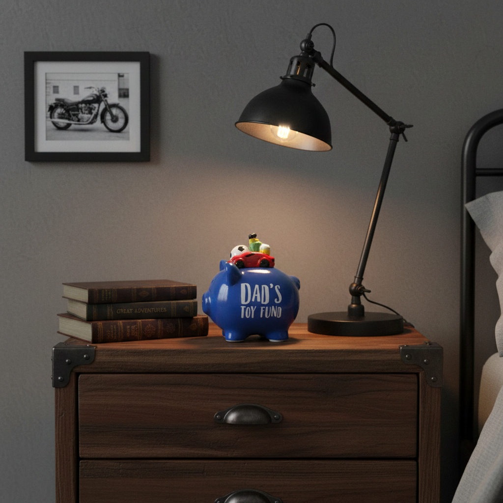 Blue piggy bank with 'Dad's Toy Fund' on a wooden nightstand with a lamp and books.