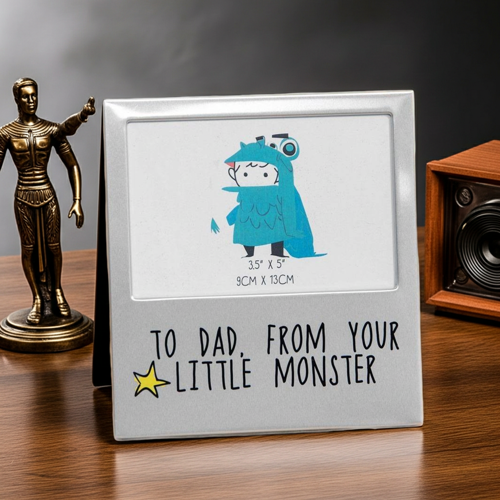 Small photo frame with a cartoon monster design and text 'To Dad, from your little monster' on a wooden surface.