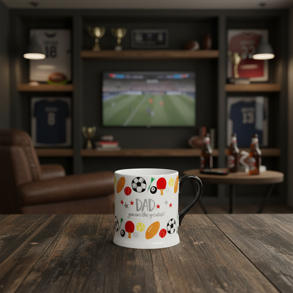Mug with sports-themed design on a wooden table in a living room setting.