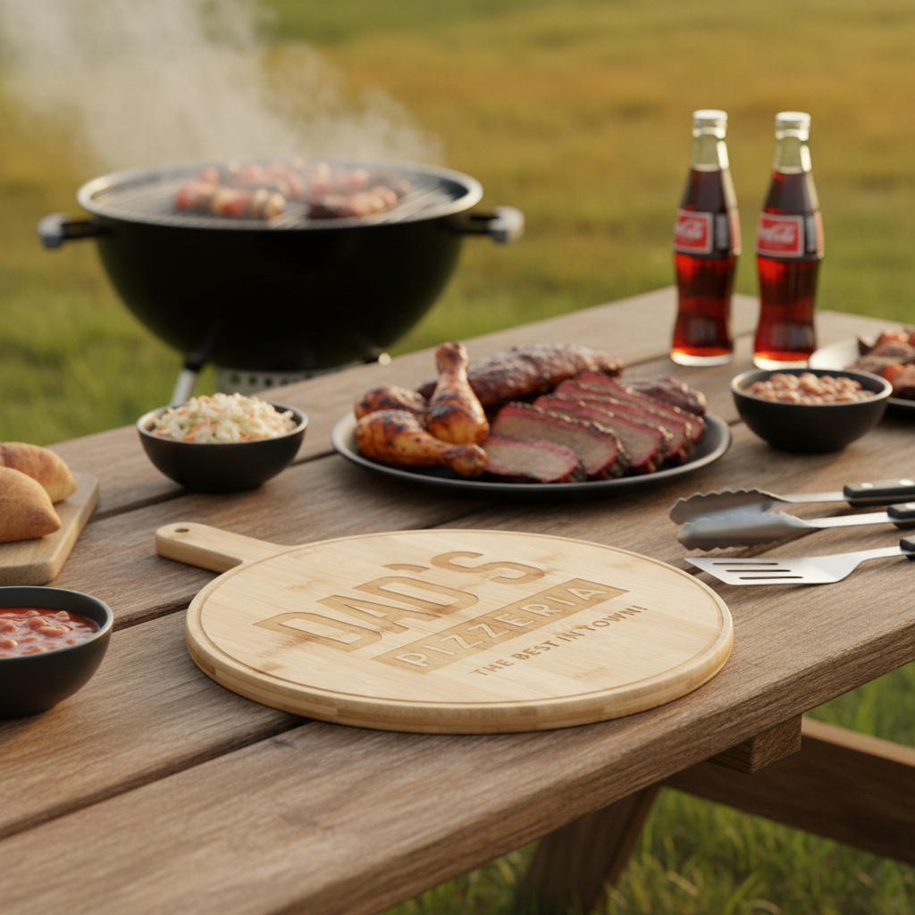 Outdoor picnic setup with grilled food, drinks, and a personalized cutting board on a wooden table.