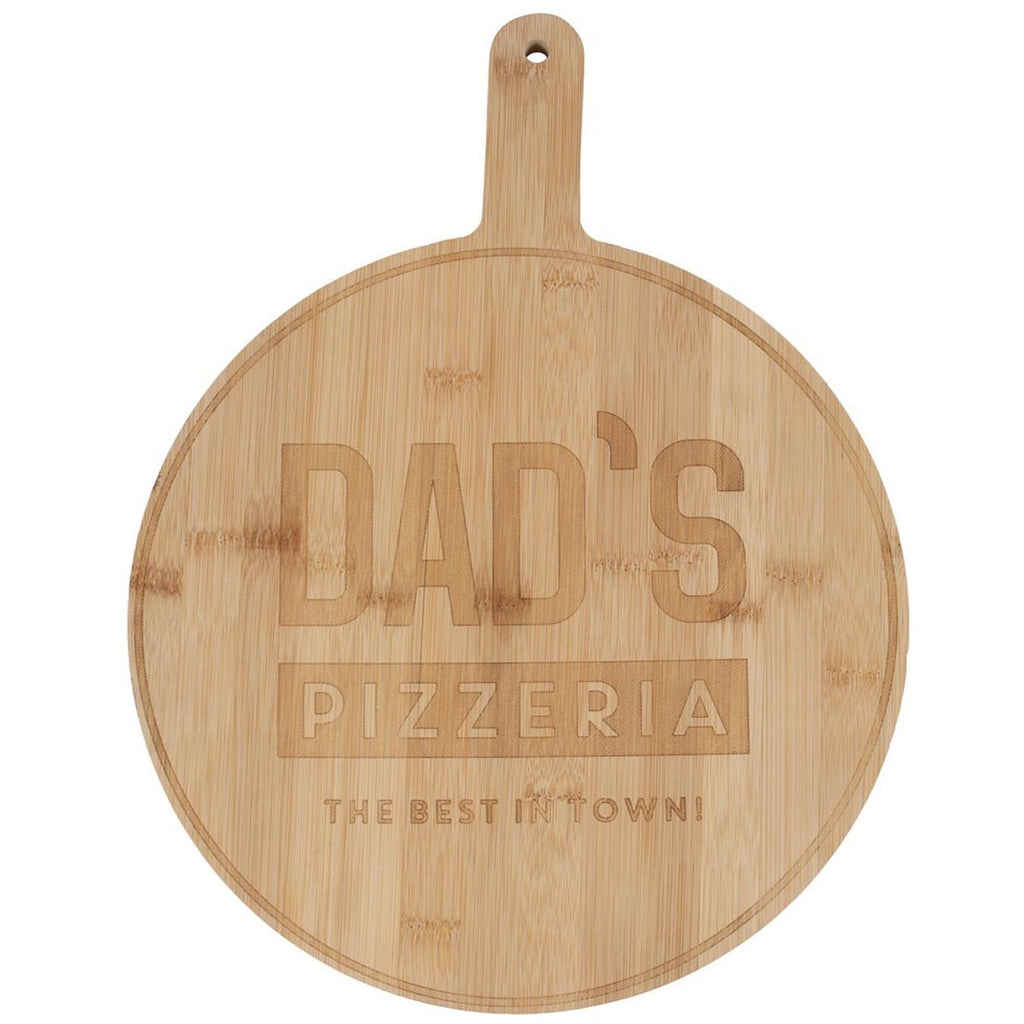 Wooden pizza peel with 'Dad's Pizzeria' engraving on a white background