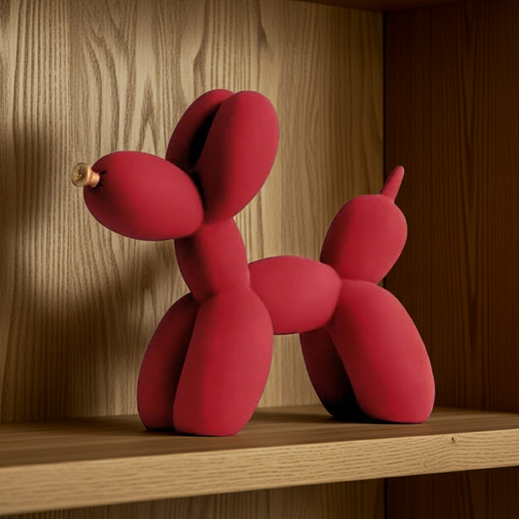 Red balloon dog sculpture on a wooden shelf