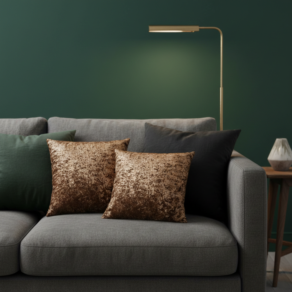 Gray sofa with decorative copper brown crushed velvet cushions against a green wall with a floor lamp.