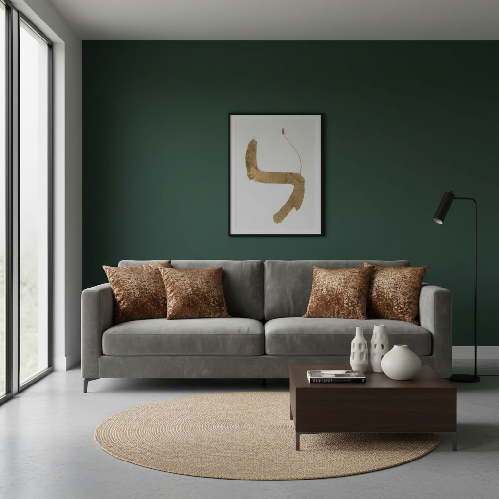 Modern living room with a gray sofa, copper brown cushion covers, coffee table, and abstract art on a green wall.
