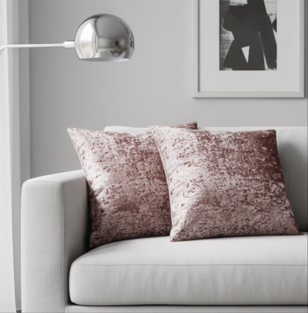 Two crushed velvet pink cushions on a gray sofa with a lamp and abstract art in the background.