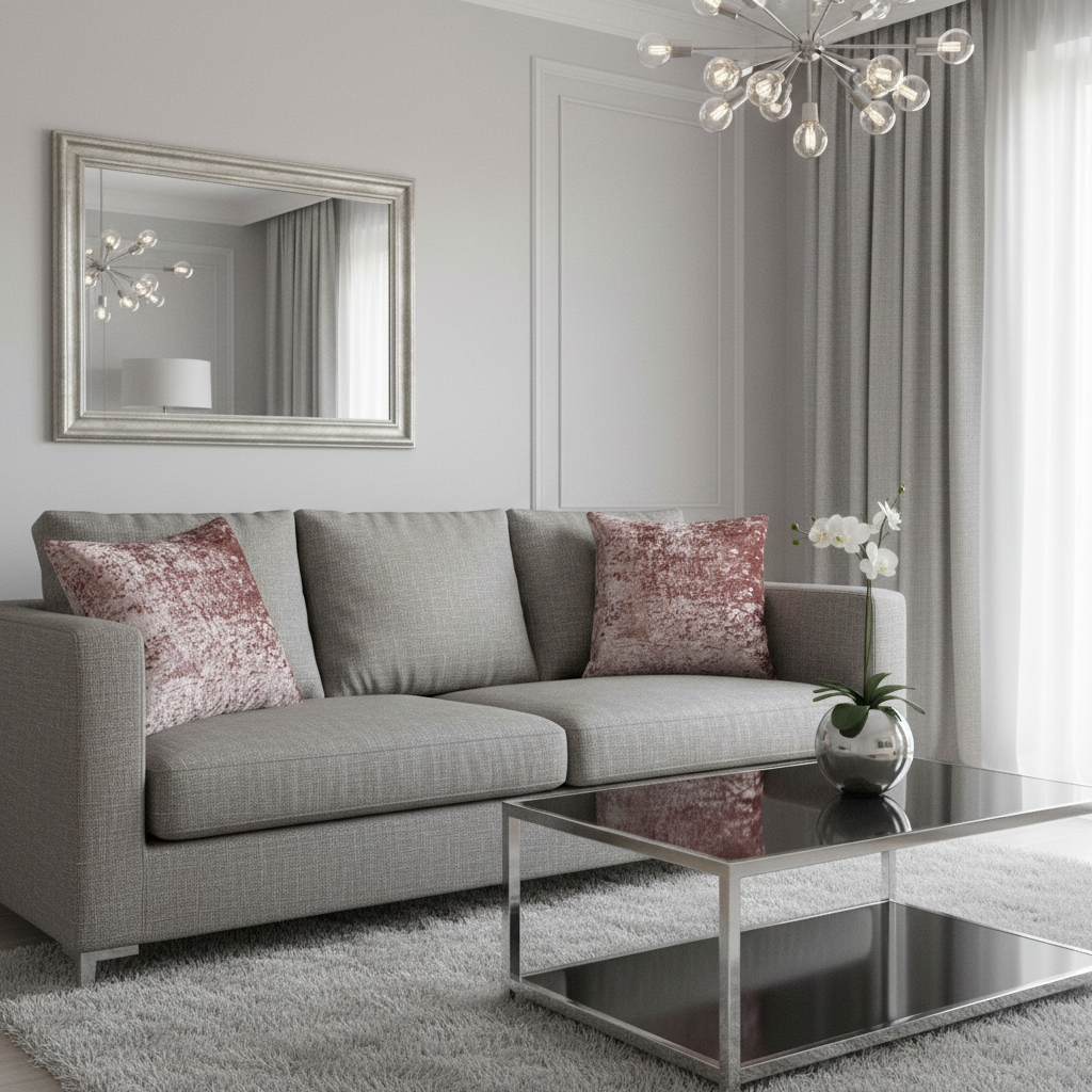 Modern living room with a gray sofa, decorative crushed velvet pink cushion covers, and a glass coffee table.