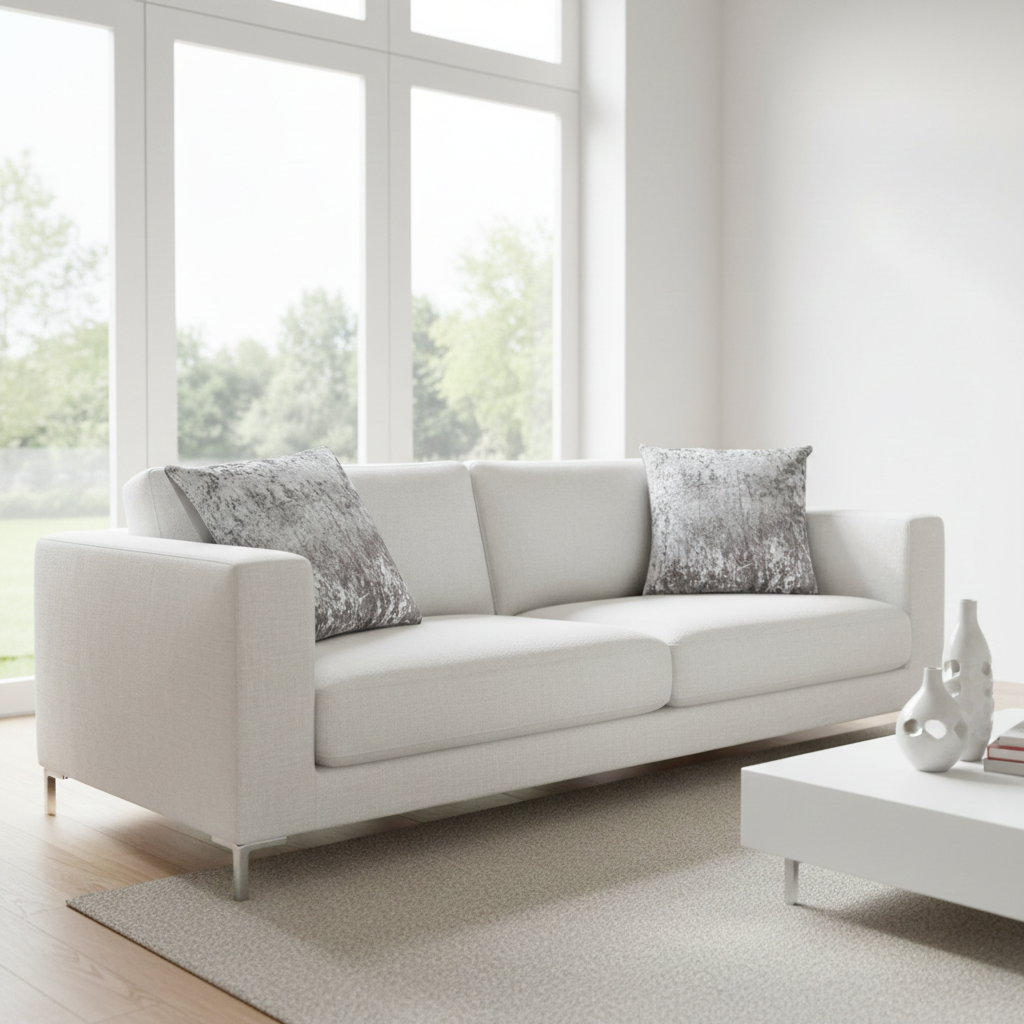 White sofa with decorative crushed velvet silver cushions in a bright living room