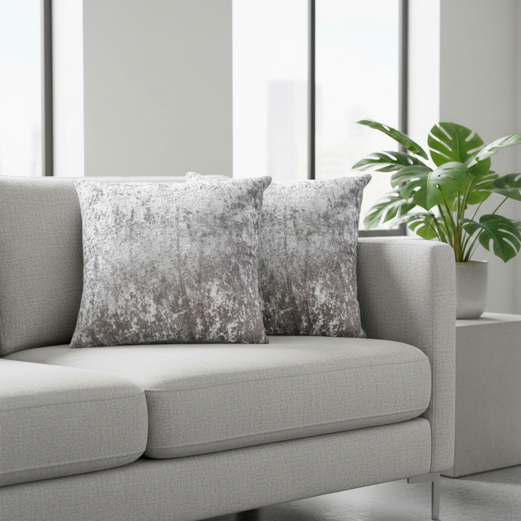 Gray sofa with decorative crushed velvet silver cushions and a plant in a modern living room.