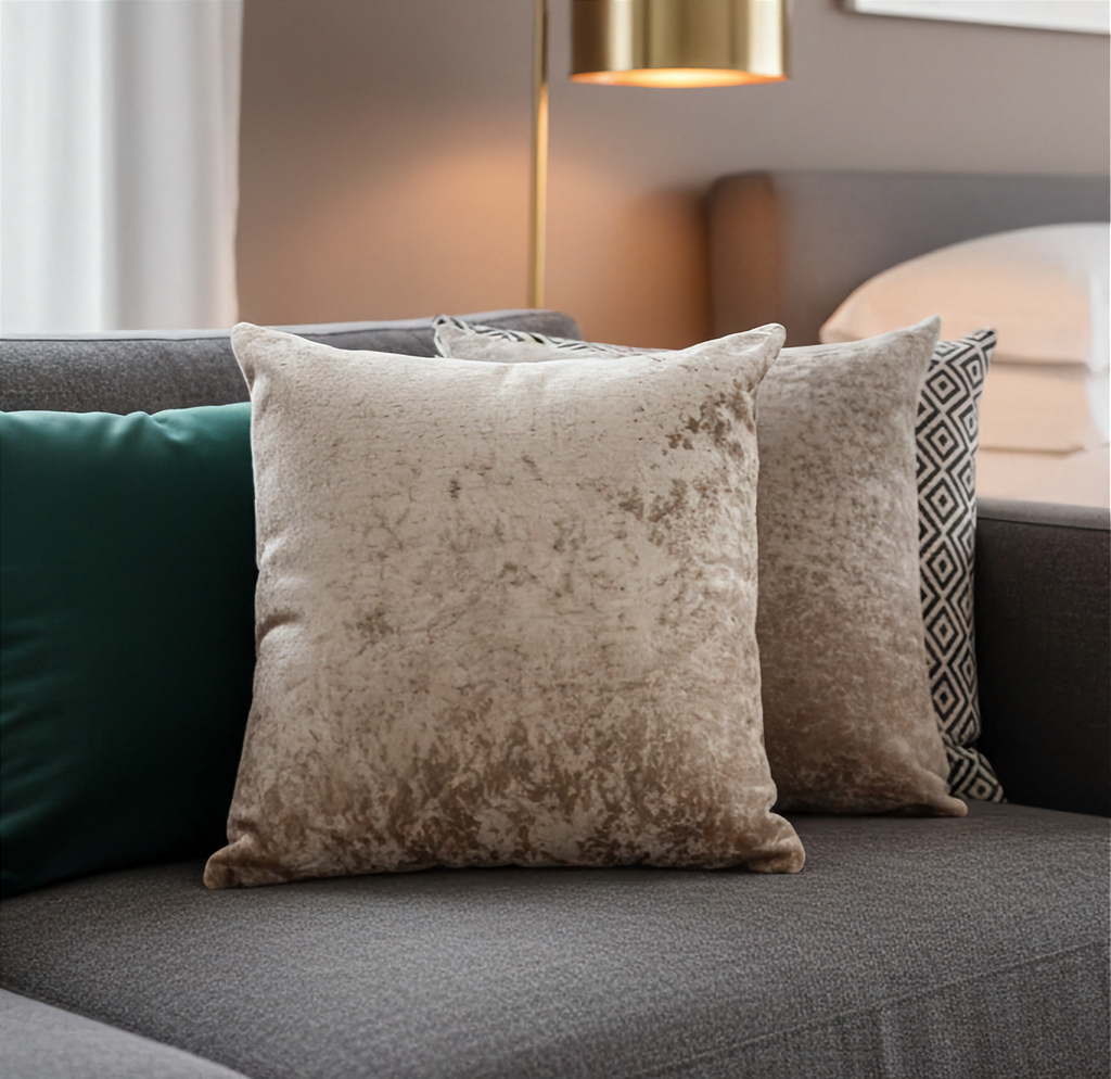 Decorative taupe crushed velvet cushion covers on a gray sofa with a lamp in the background.