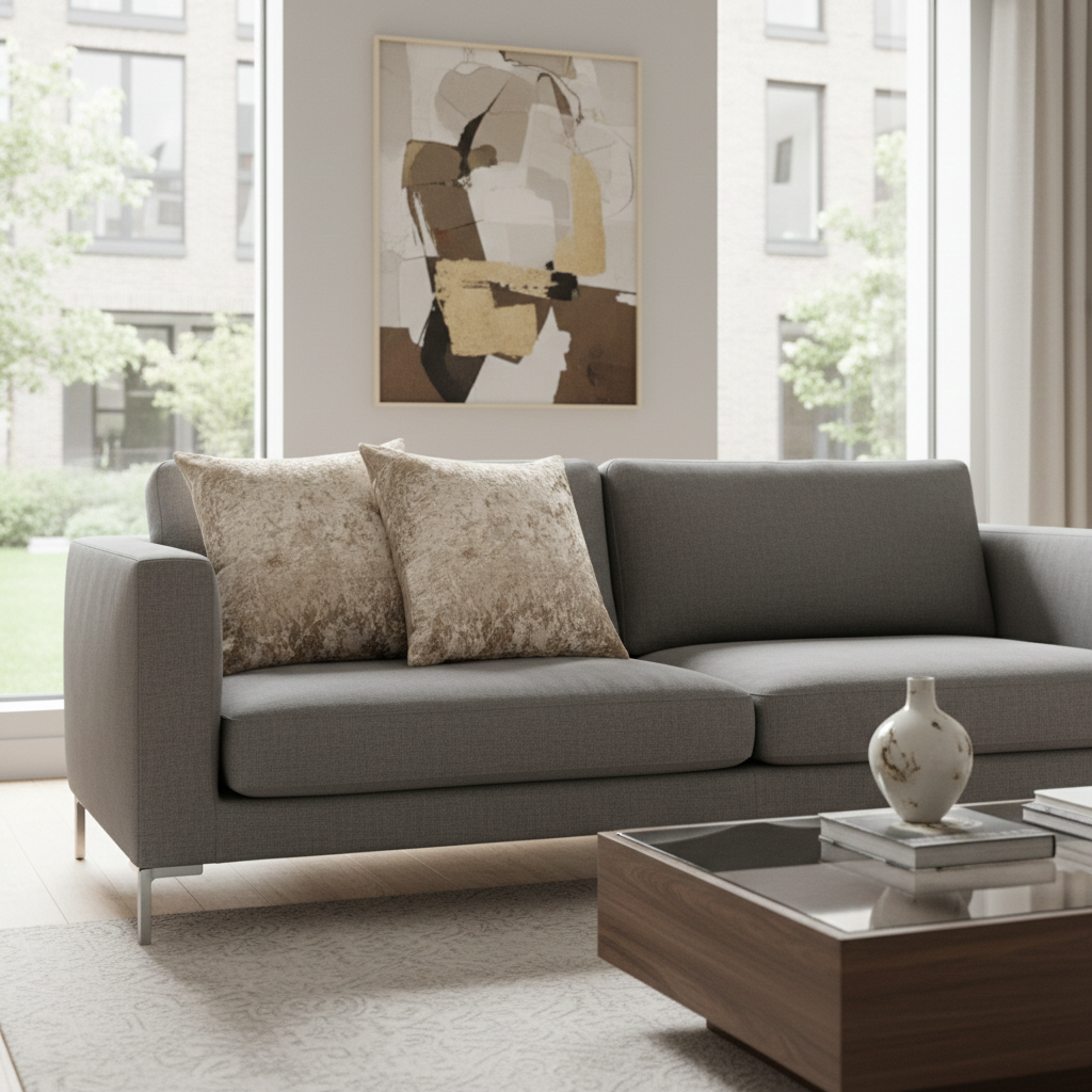 Gray sofa in a modern living room with taupe crushed velvet cushions and abstract art on the wall.