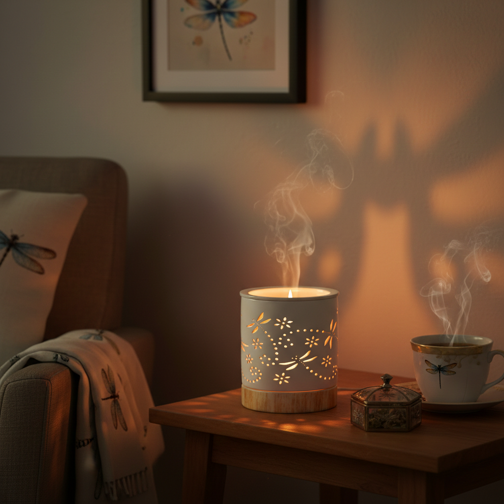 Smoky dragonfly diffuser on a wooden table with a cup and dragonfly-themed decor in a cosy room.