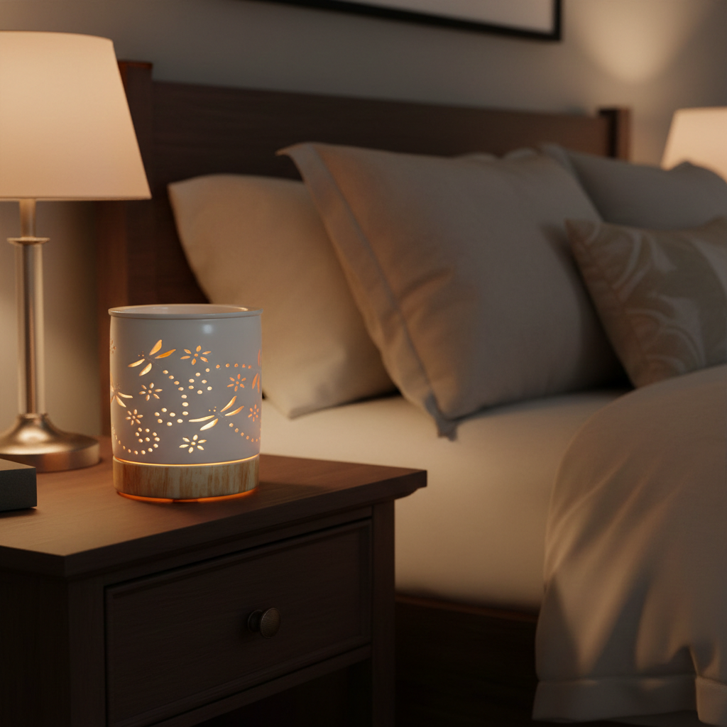 Decorative dragonfly wax warmer on a bedside table with a bed and lamp in the background