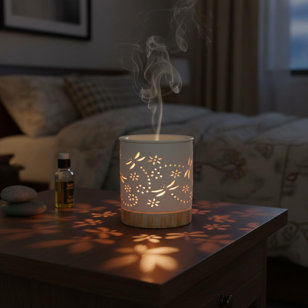 Decorative diffuser with dragonfy and floral patterns on a wooden surface in a cozy room.