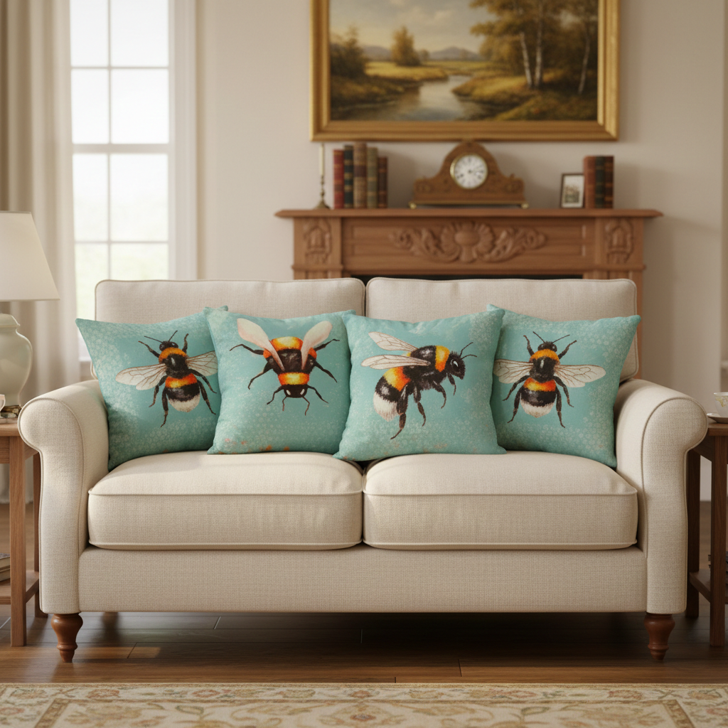 Beige sofa with bee-themed cushions in a living room setting