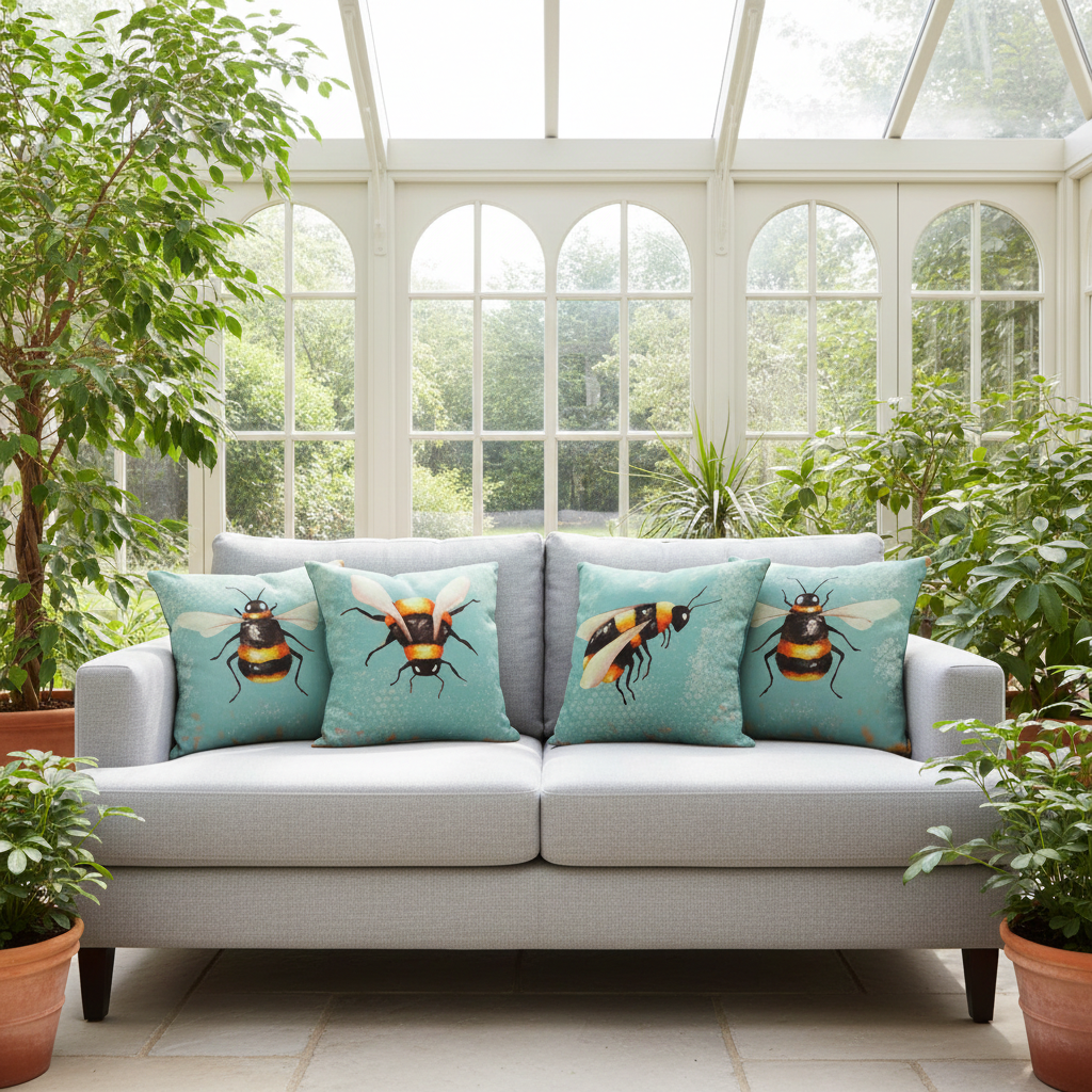 Gray sofa with bee-themed pillows in a sunroom with large windows and plants.