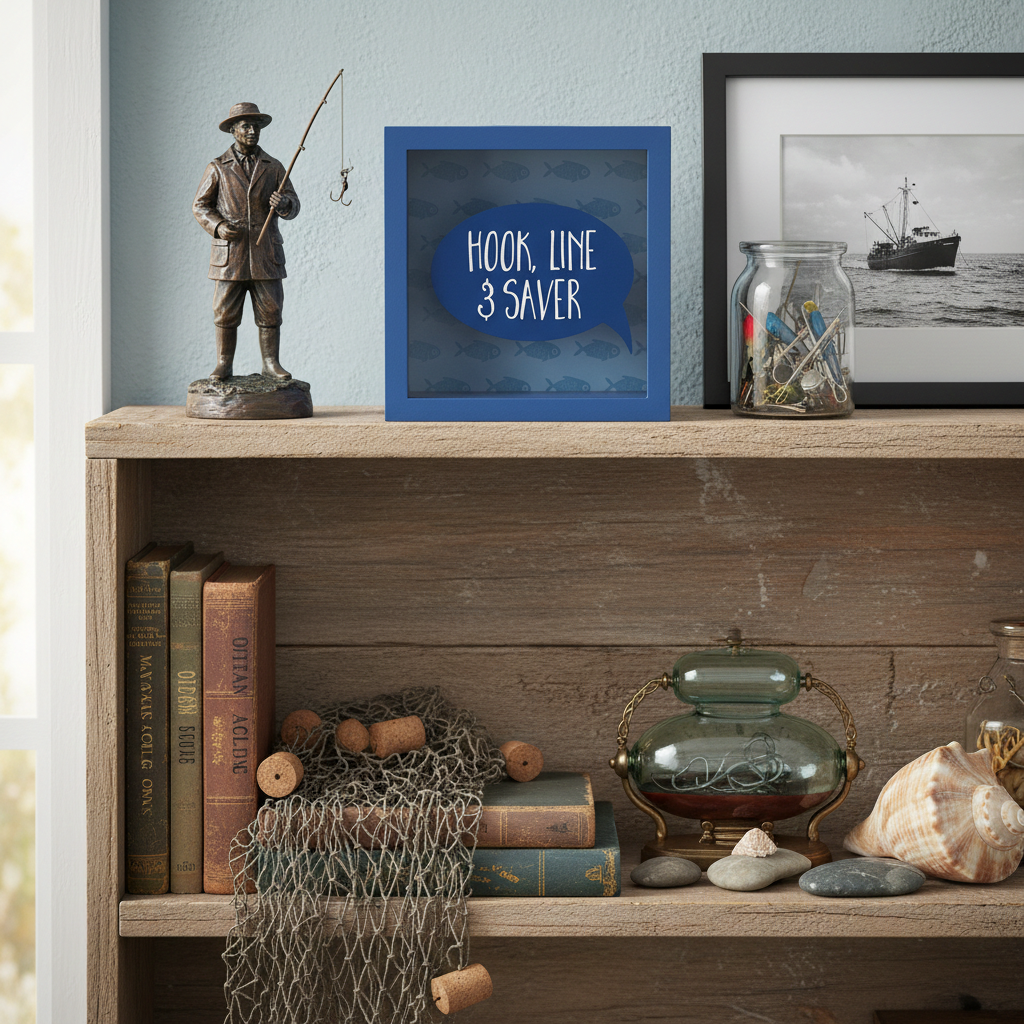 Nautical-themed shelf with books, fisherman money box, and decorative items against a light blue wall.