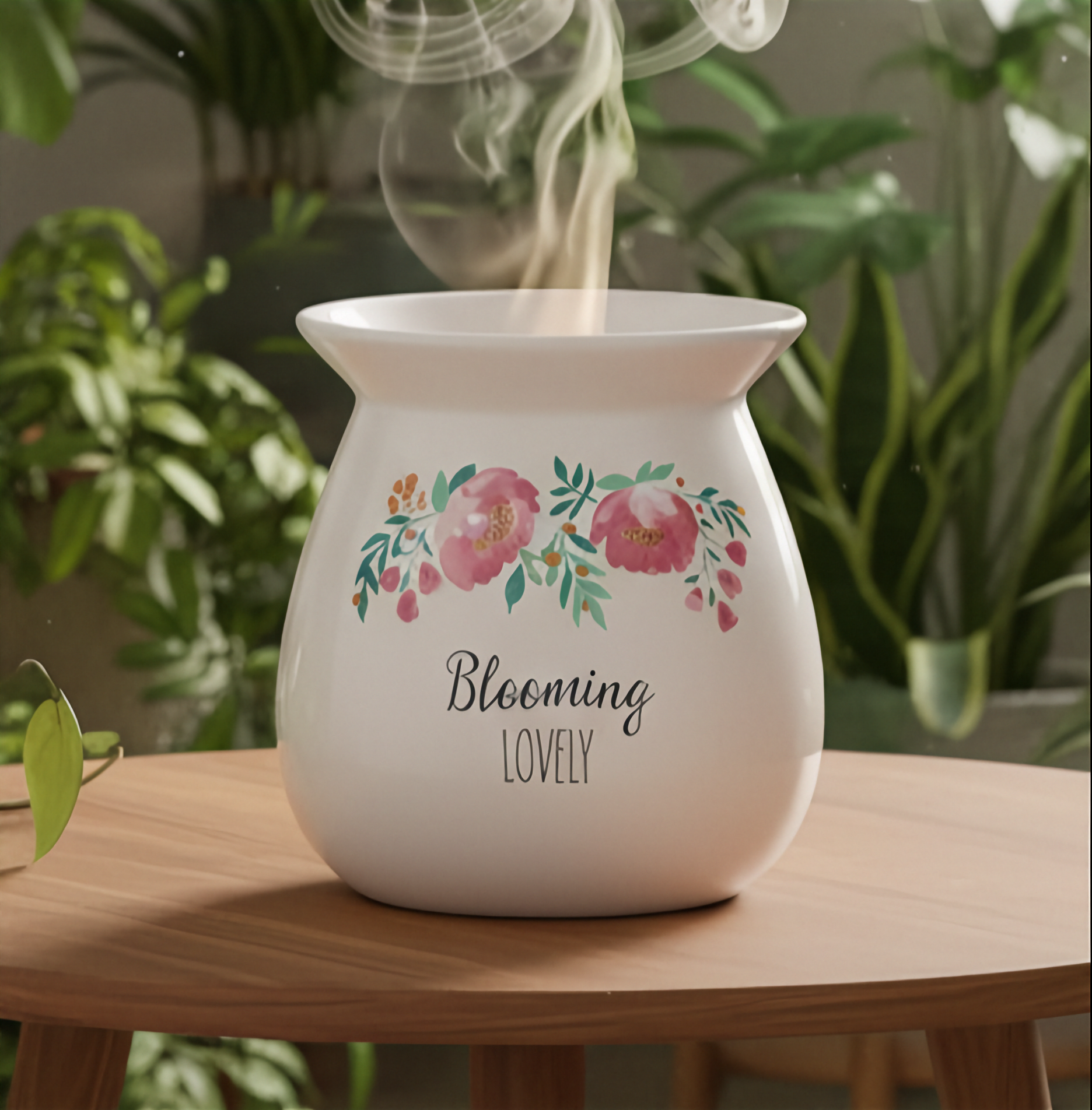 White diffuser with floral design and 'Blooming Lovely' text on a wooden surface with plants in the background