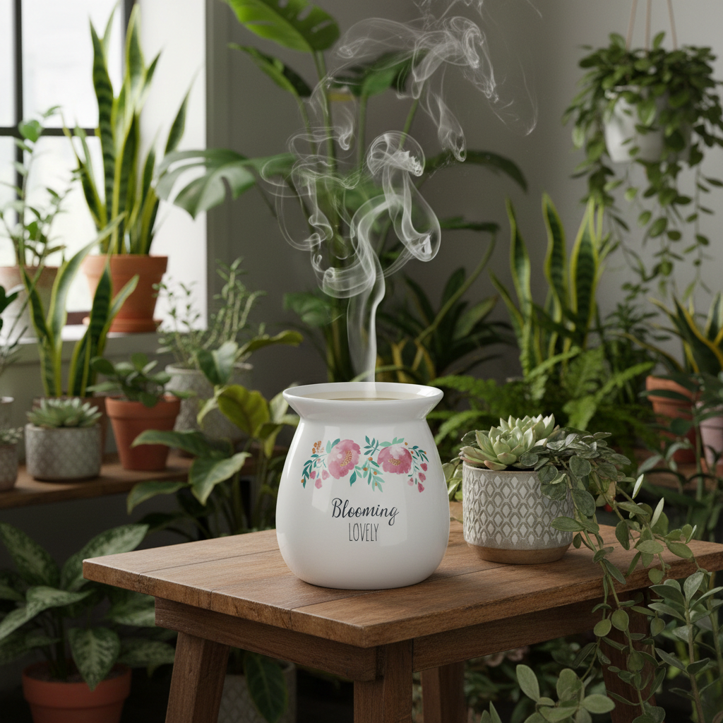 White diffuser with floral design on a wooden table surrounded by potted plants