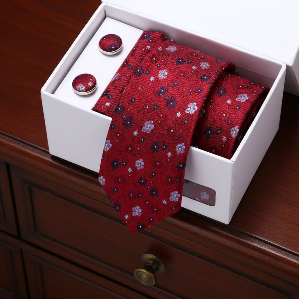 Red floral tie and cufflinks set in a white box on a wooden surface