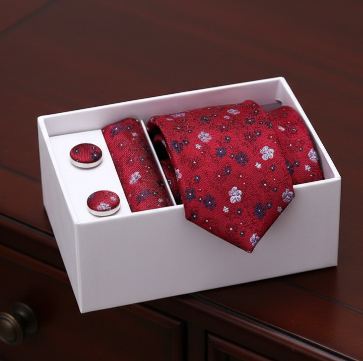 Red patterned tie and cufflinks set in a white box on a wooden surface
