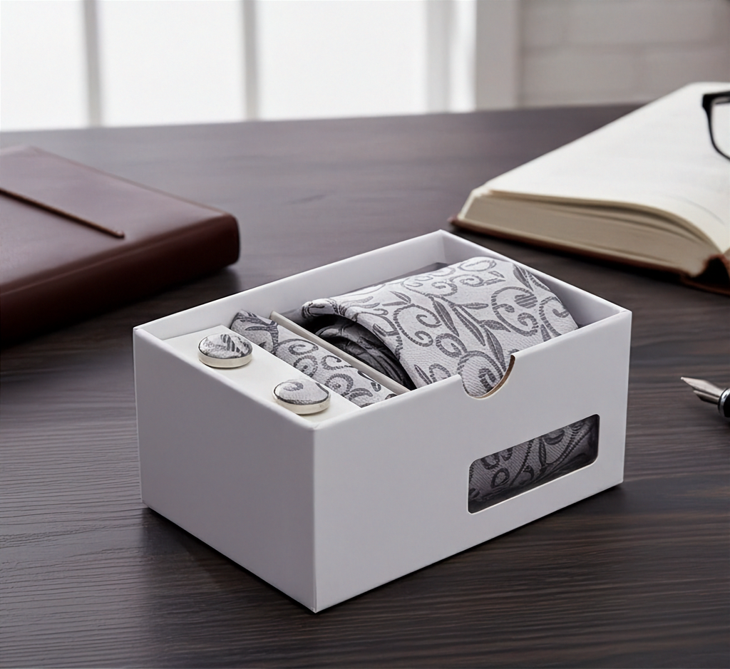 White box containing a tie, cufflinks, and a pocket square on a wooden surface.