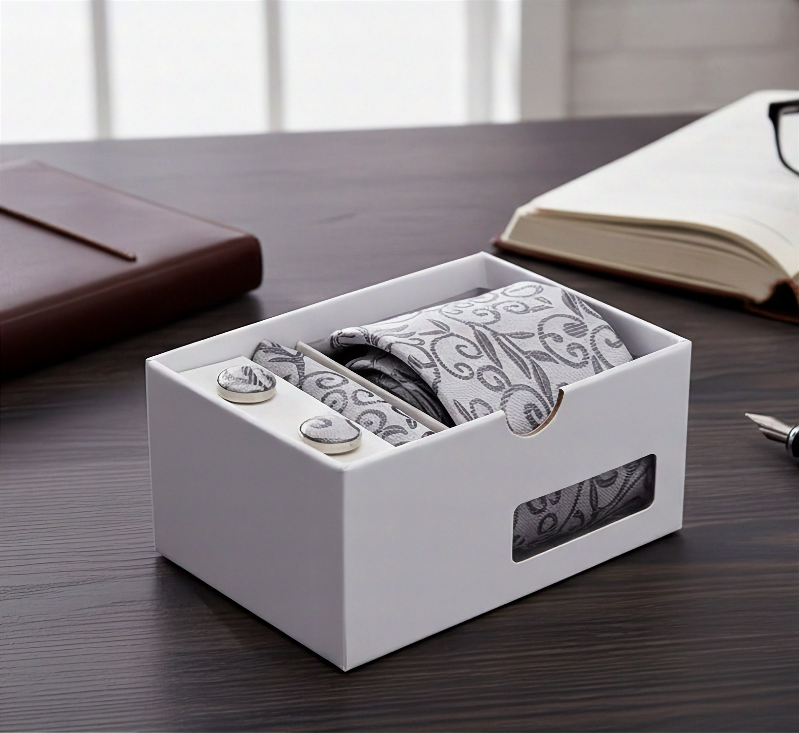 White box containing a tie, cufflinks, and a pocket square on a wooden surface.