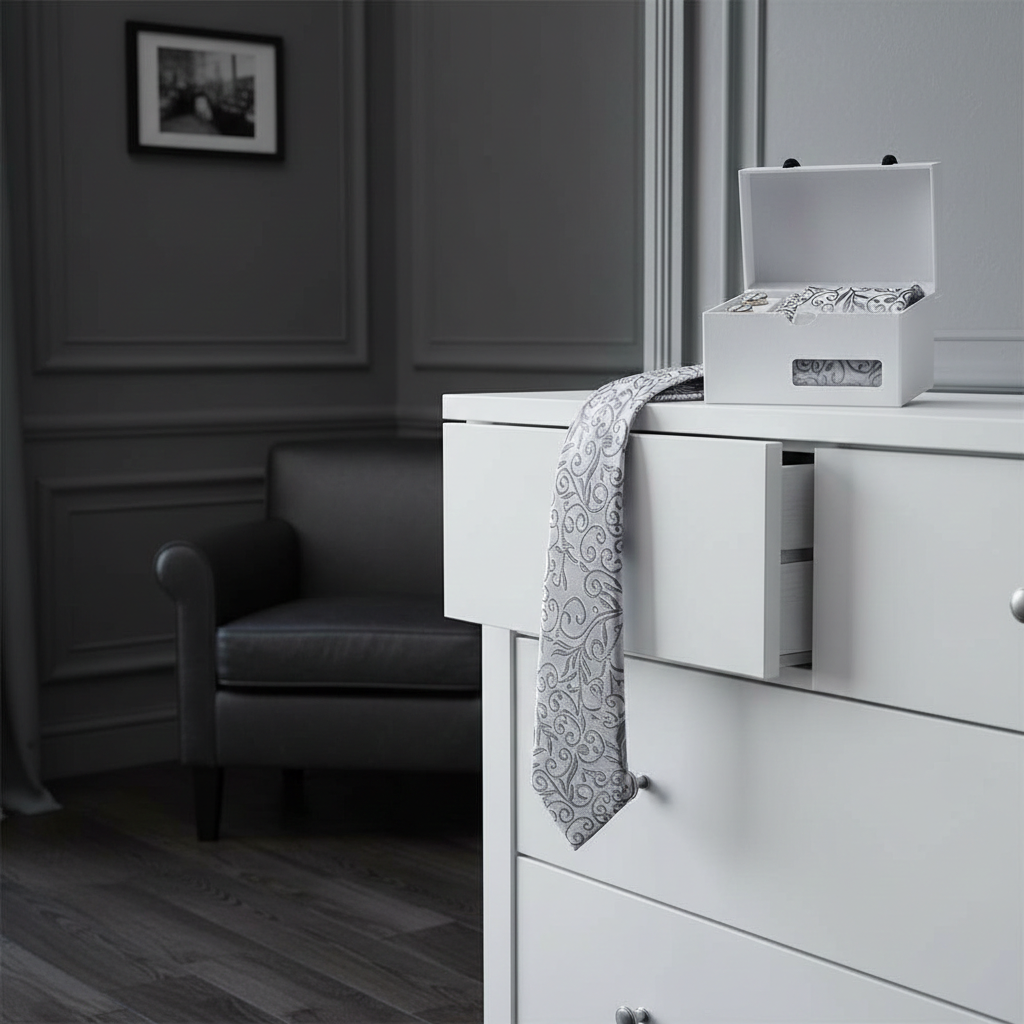 White dresser with a patterned tie draped over it, in a room with gray walls and a chair.