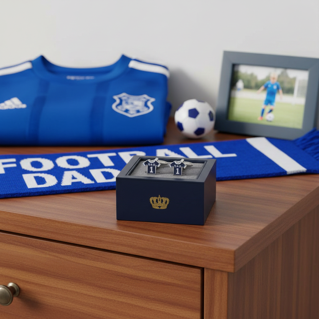Blue sports football cufflinks with Dad and the number 1 on surrounded by blue sports themed tems.