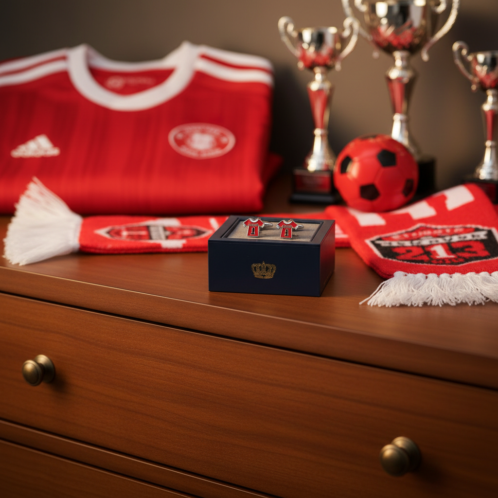 Red sports football cufflinks in a blue gift box on a table surrunded by red spoerts items.