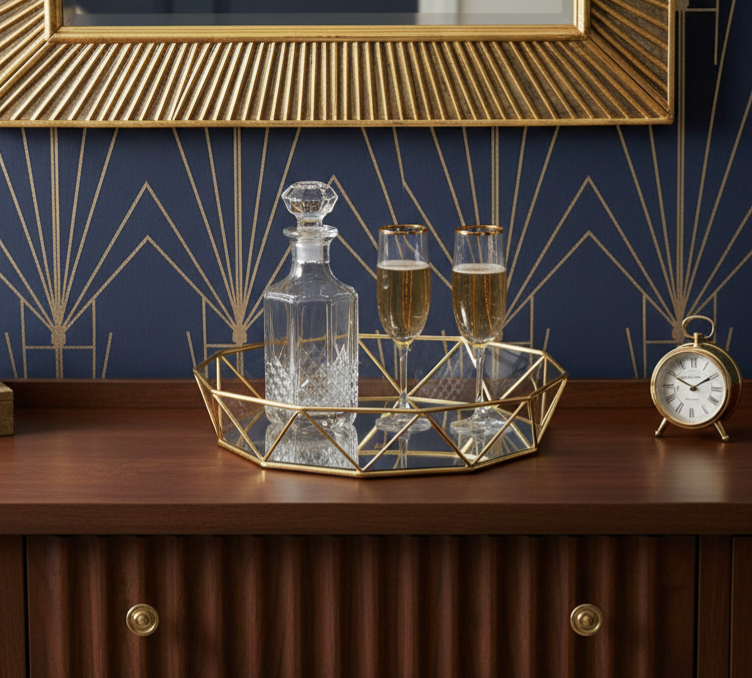Decorative goldmirror tray with a decanter and glasses on a wooden surface with a gold-framed mirror in the background.