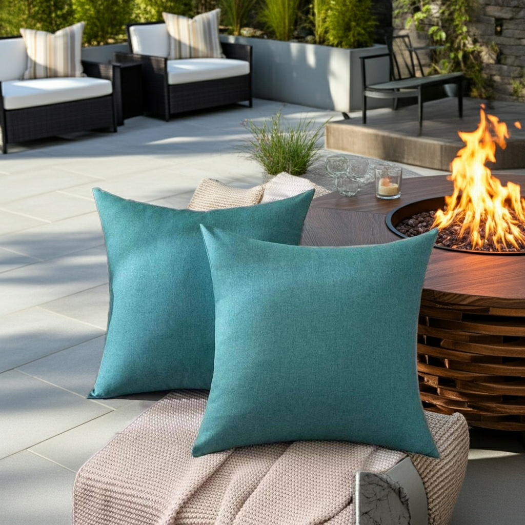 Teal cushions on a chair with a fire pit and outdoor furniture in the background