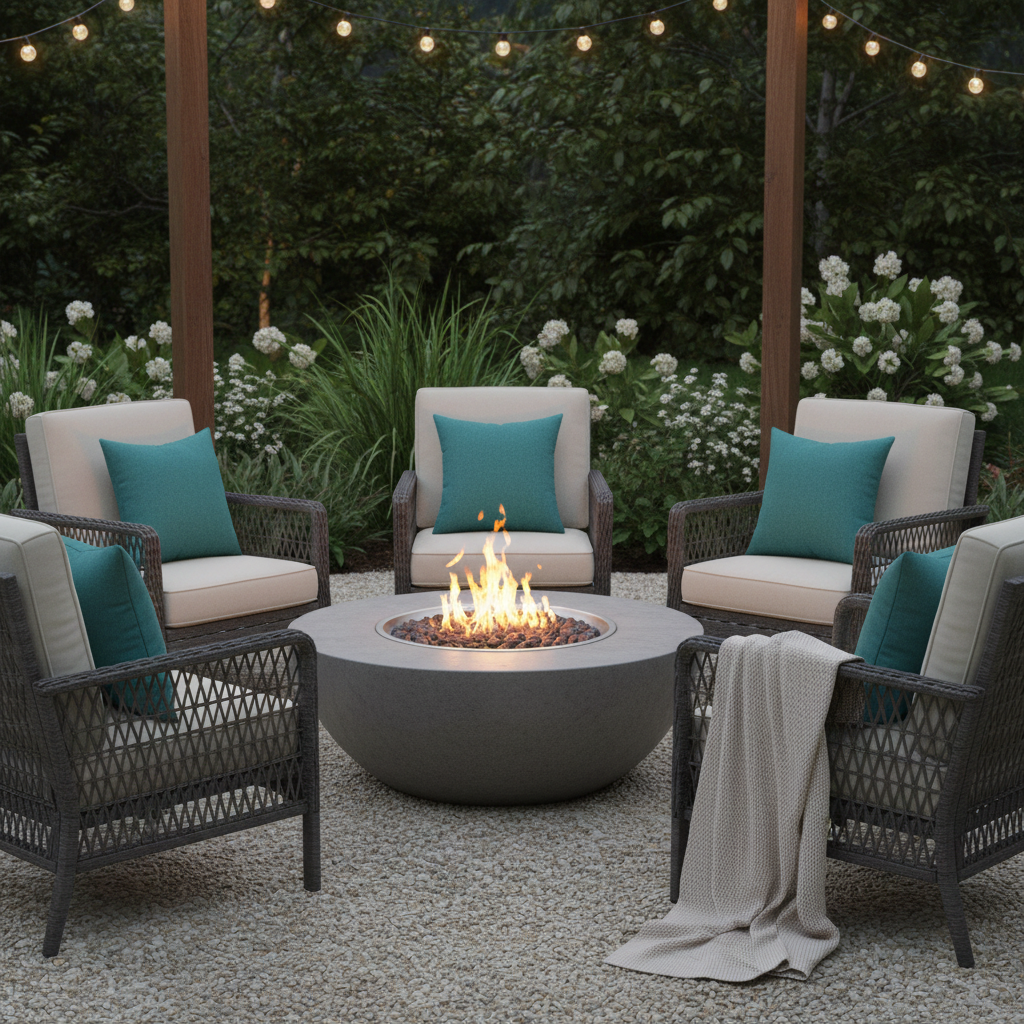 Outdoor patio setup with chairs, fire pit, and string lights