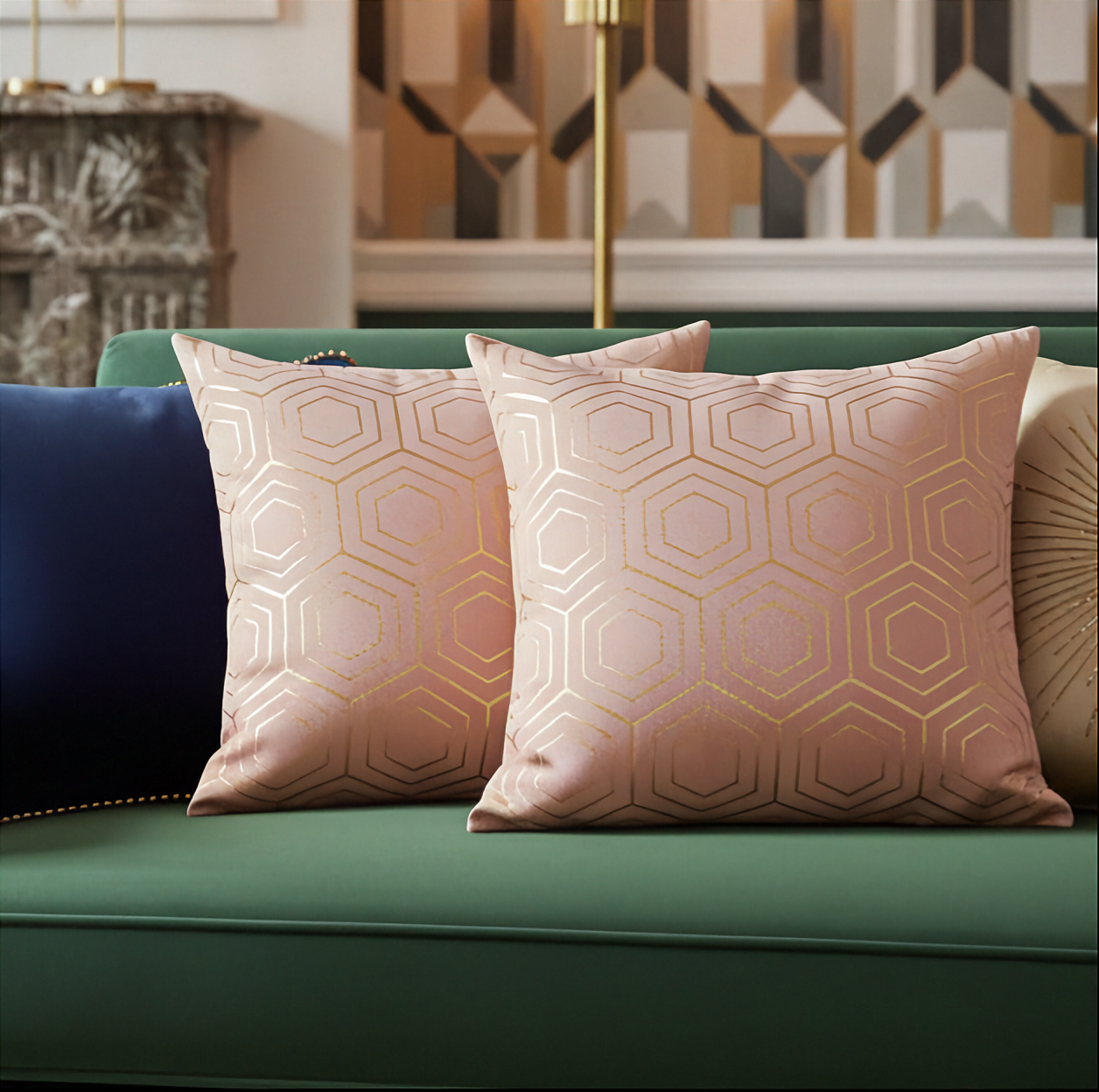 Decorative pink art decostyle cushions with geometric patterns on a green sofa