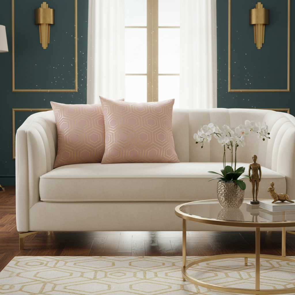 Beige sofa with art deco style pink cushions in a stylish living room with gold accents.