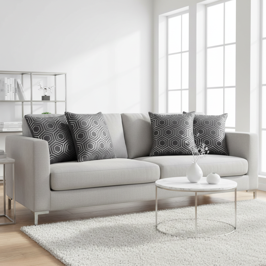 Gray sectional sofa with patterned grey art deco style cushions in a bright living room.