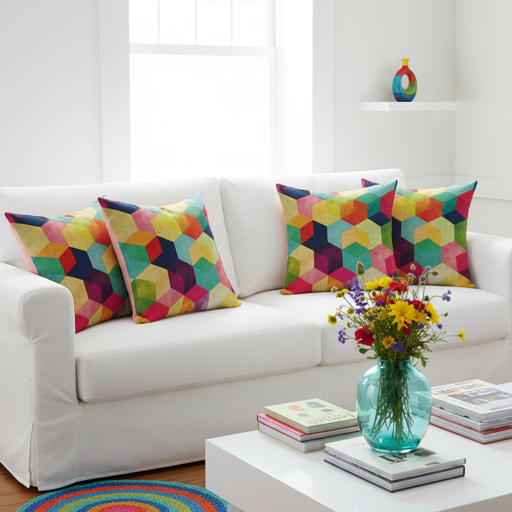 White sofa with colorful geometric-patterned cushions in a bright living room.