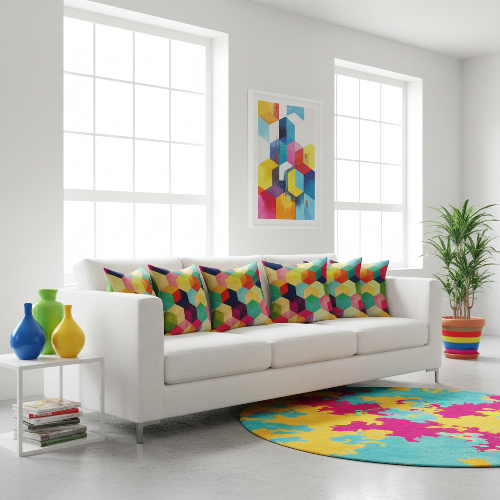 Modern living room with a white sofa, colorful cushions, and abstract art on the wall.