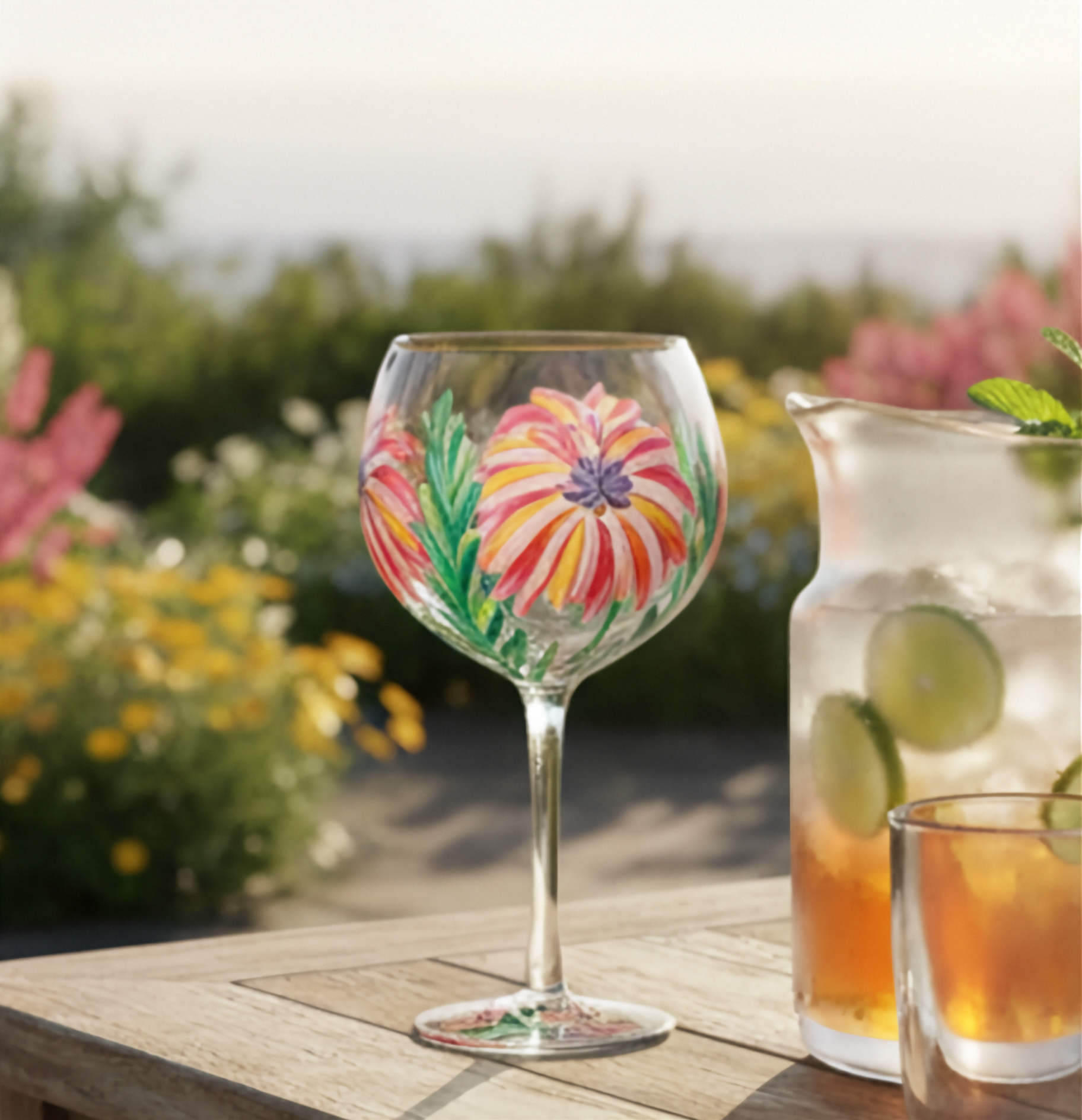 Decorative gin glass with floral design on a wooden table outdoors.