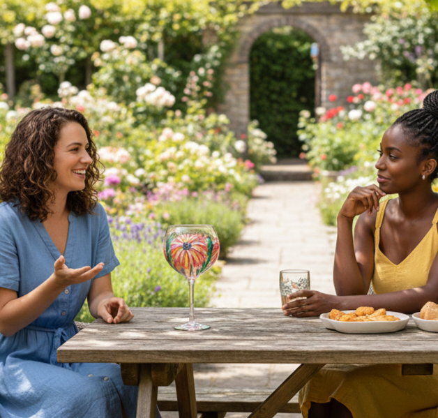 Two women sitting at a table in a garden, enjoying drinks and snacks with a hand painted floral gin glass.