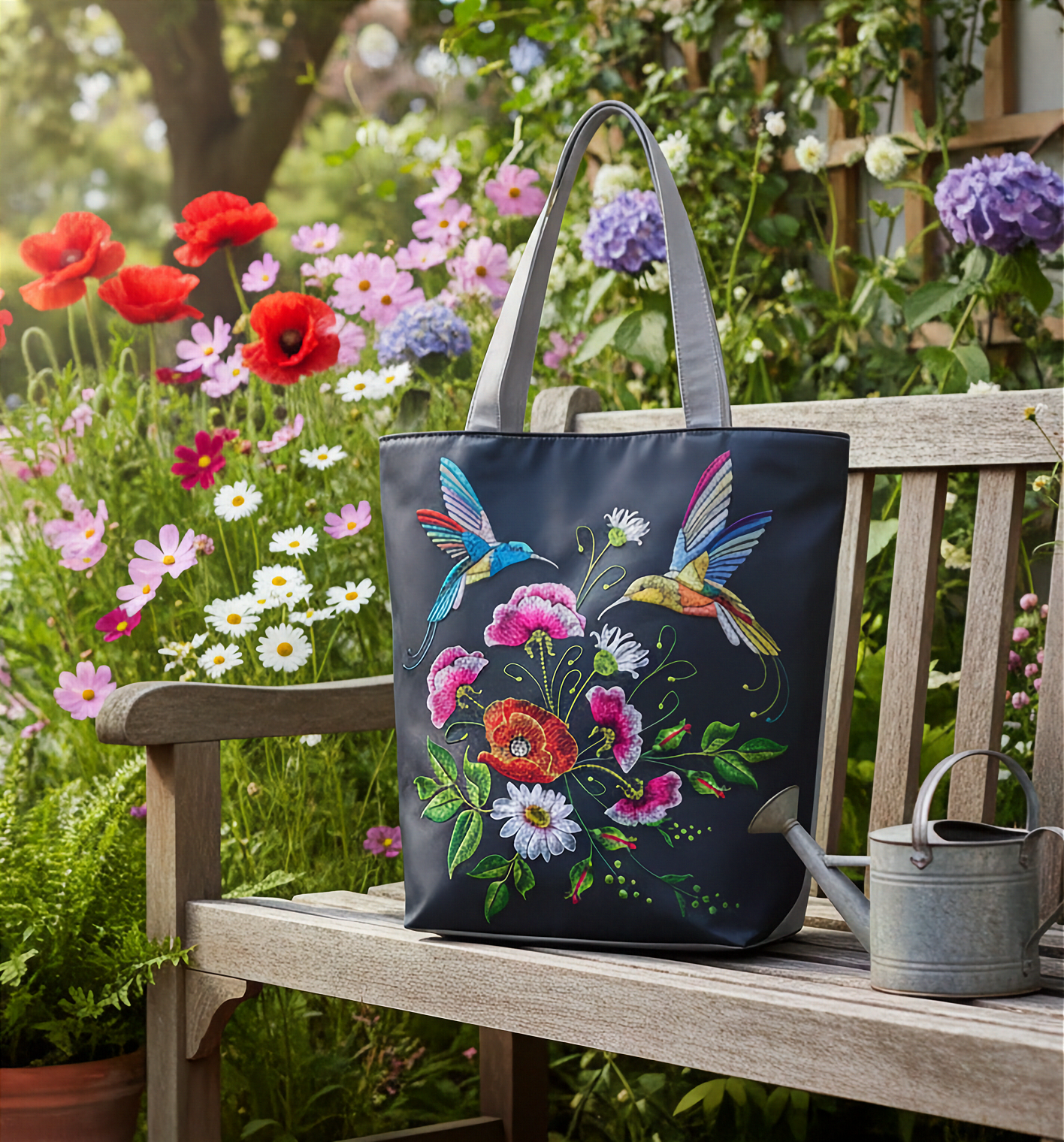 Tote bag with floral and bird design on a bench in a garden