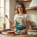 Woman in a kitchen wearing a decorative apron with a whale design, holding a wooden spoon.