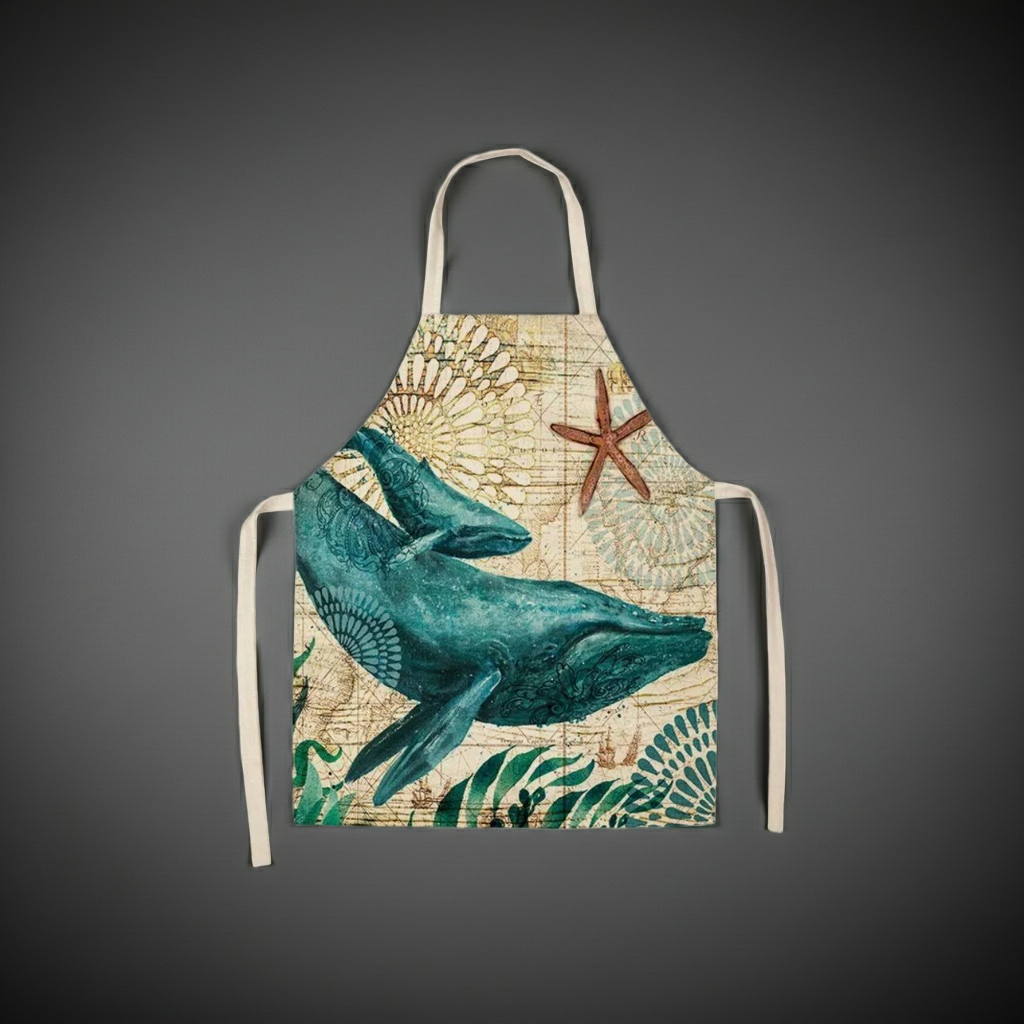 Apron with whale design on a gray background
