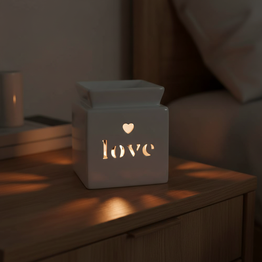 Grey ceramic wax melter/ oil burner with 'love' and heart design on a wooden surface