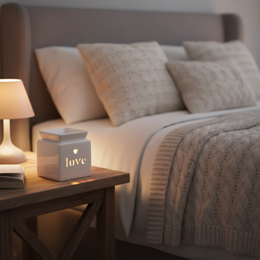 Cosy bedroom with a bed, nightstand, and decorative Love wax warmer/ oil burner.