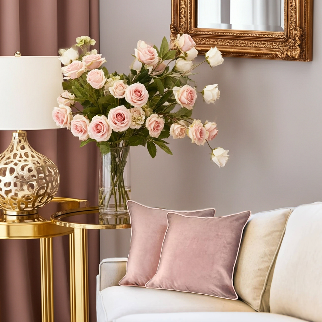 Decorative living room with pink flowers, gold lamp, and pink velvet cushions.