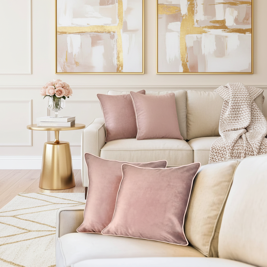 Living room with beige sofa, pink velvet cushions, and abstract art on the wall.