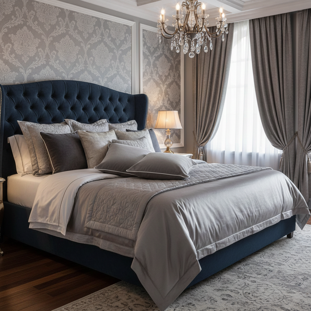 Luxurious bedroom with a large bed, decorative grey velvet cushions, and a chandelier.