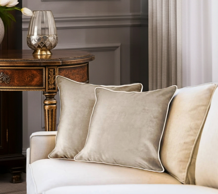 Beige/taupe velvetcushions on a white sofa in a stylish room with a wooden side table and decorative lamp.