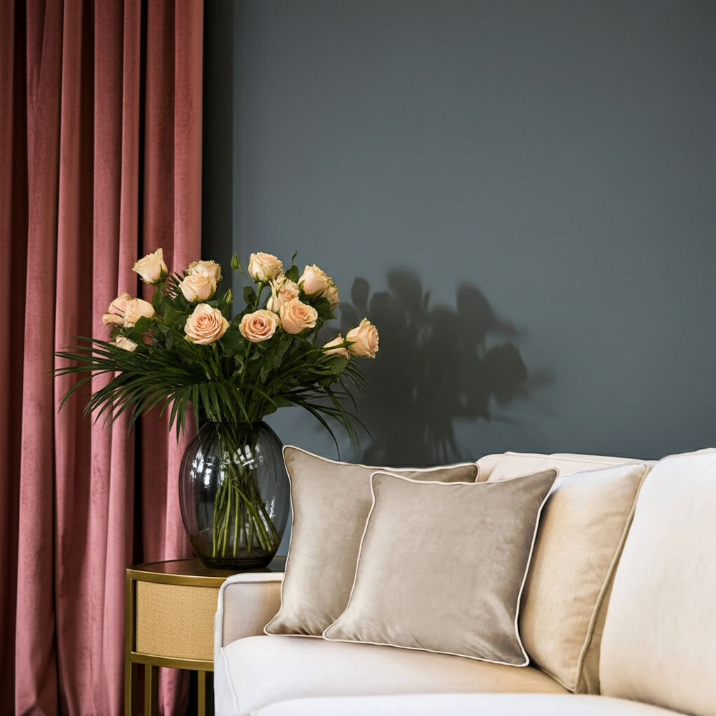 Bouquet of flowers in a vase on a side table next to a white sofa with beige/ taupe cushions.